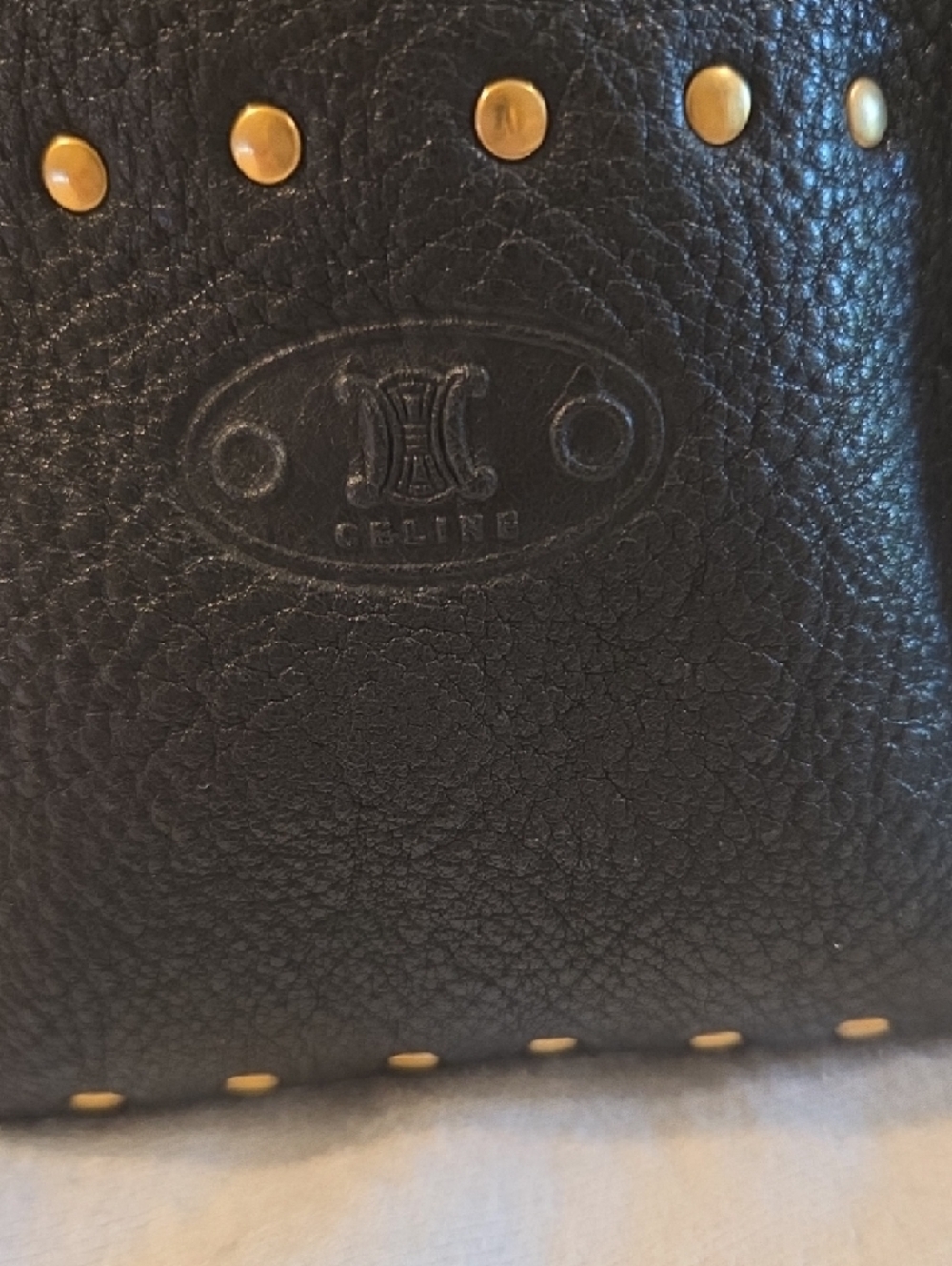 Celine Black Pebbled Leather Shoulder Bag with Gold Studs - Picture 2 of 7